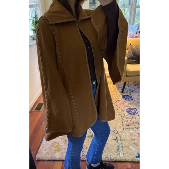 NEW Patricia Nash Knit Cape Leather Whipstitch Camel Brown Size XS/S Cardigan - Picture 5 of 5